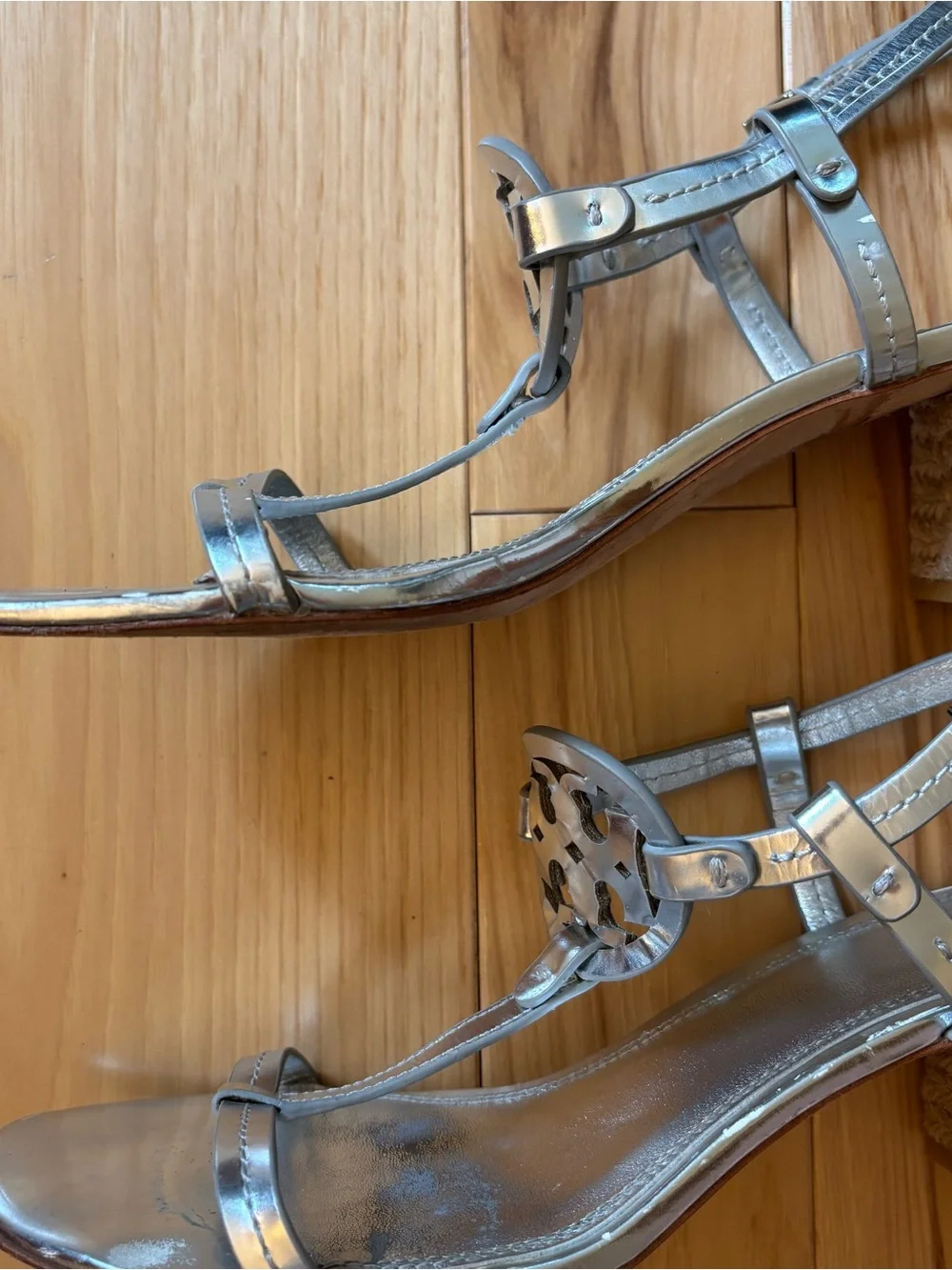 Tory Burch Miller Metallic Silver T-Strap Block Heel Sandals